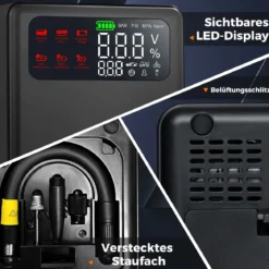 2000A 12V Autobatterie Starthilfe mit 150PSI Digital Reifenfüller & Luftkompressor & LED-Bildschirm 13000mAh Powerbank