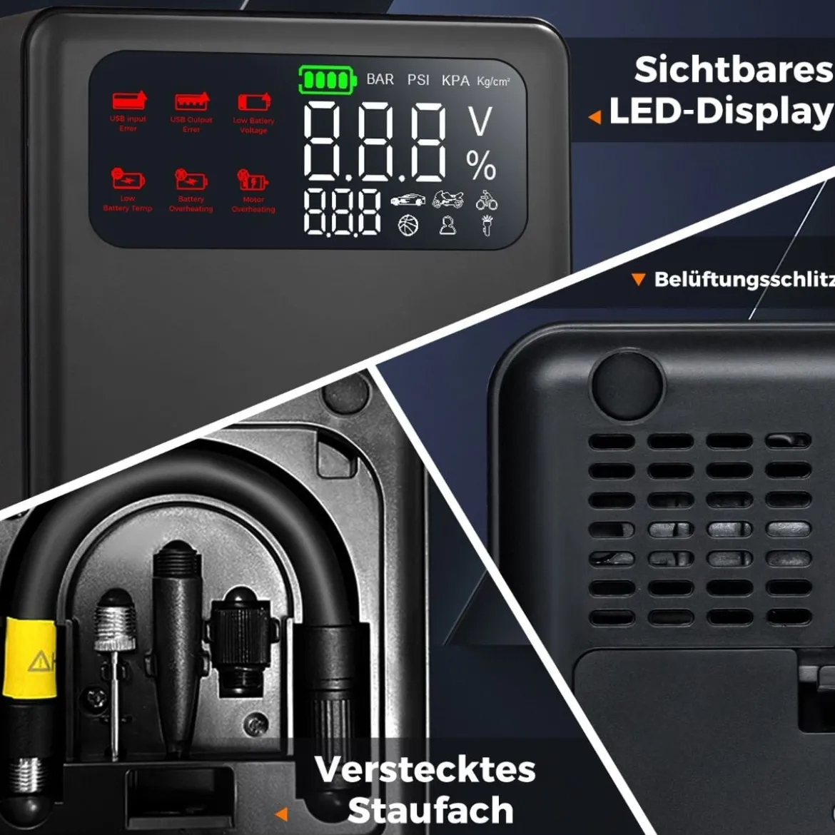 2000A 12V Autobatterie Starthilfe mit 150PSI Digital Reifenfüller & Luftkompressor & LED-Bildschirm 13000mAh Powerbank