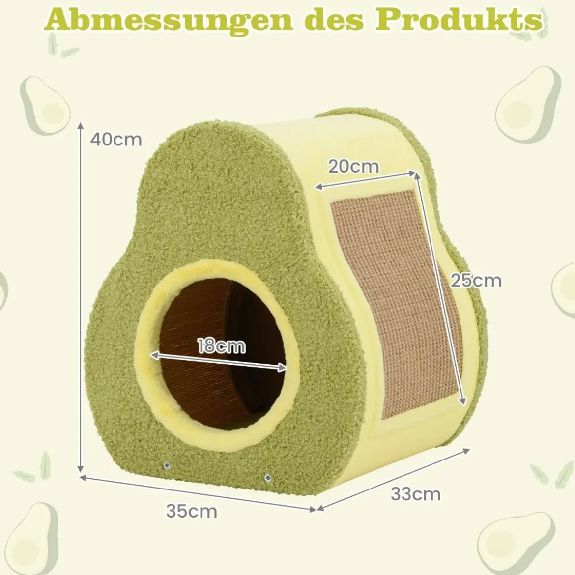 Avocado-förmiges Katzenhaus mit Jutekratzbrett & Bergförmigem Dach Niedliches Katzenunterkunft