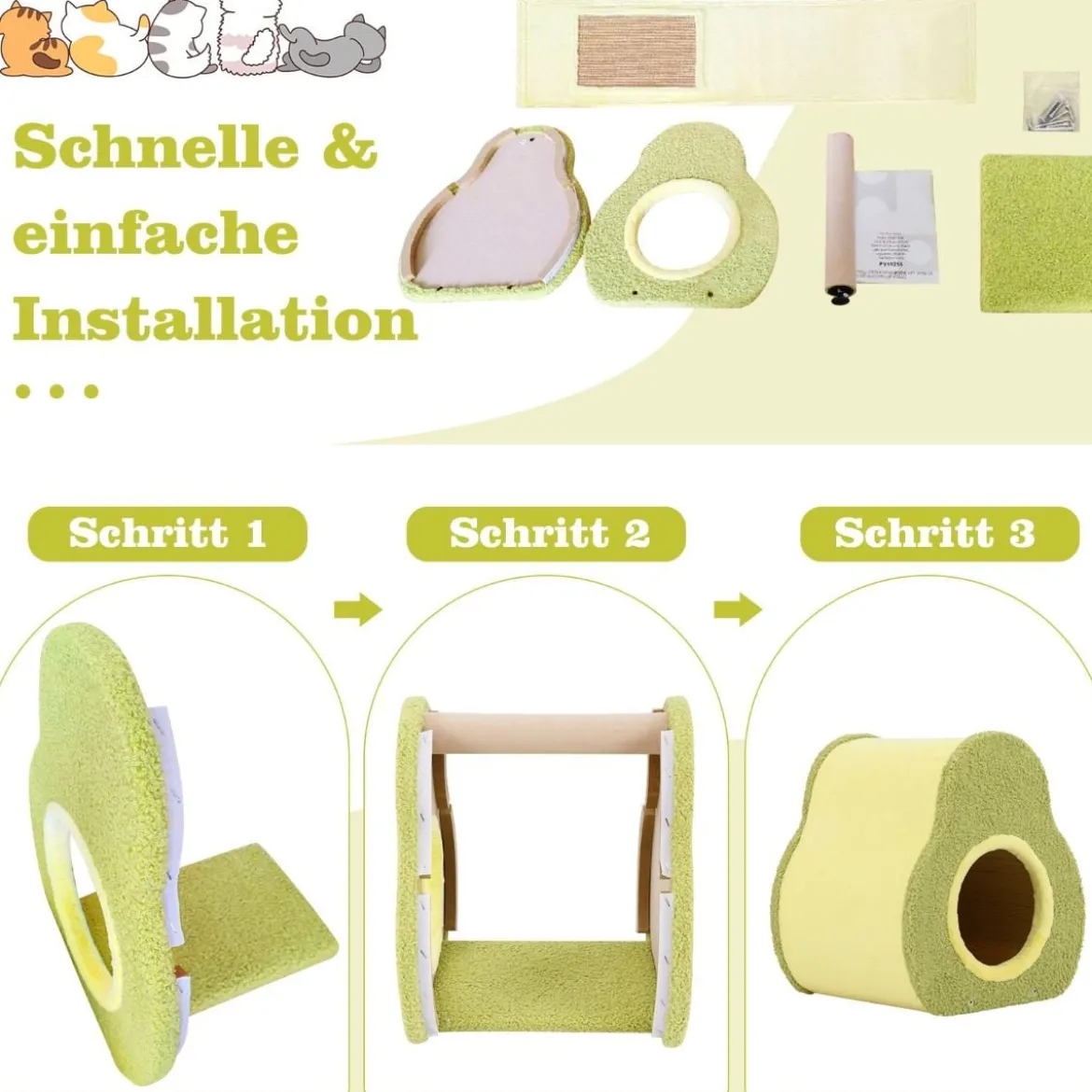 Avocado-förmiges Katzenhaus mit Jutekratzbrett & Bergförmigem Dach Niedliches Katzenunterkunft
