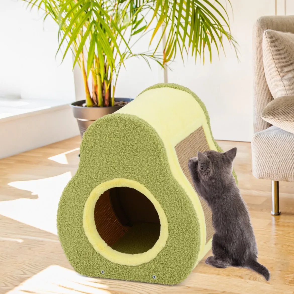 Avocado-förmiges Katzenhaus mit Jutekratzbrett & Bergförmigem Dach Niedliches Katzenunterkunft