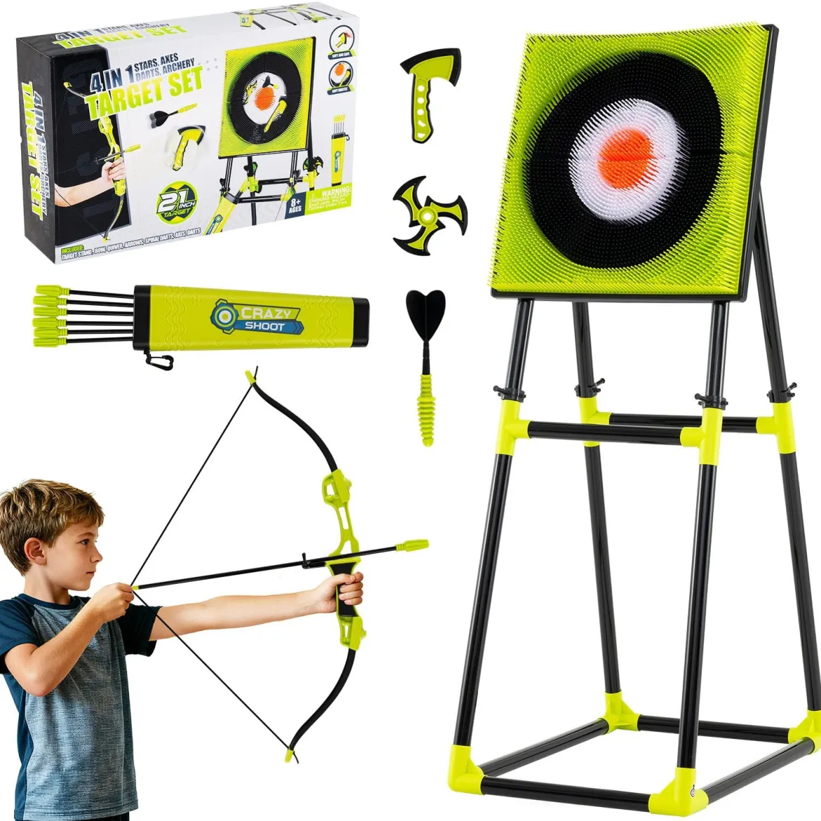 Axt Wurfspiel Set 4 in 1 Wurfäxte Spiel mit Bogen Zielscheibe 6 Pfeilen & 4 Äxten Grün