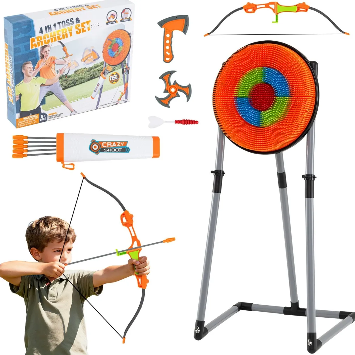 Axt Wurfspiel Set 4 in 1 Wurfäxte Spiel mit Bogen Zielscheibe 5 Pfeilen & 3 Äxten Orange