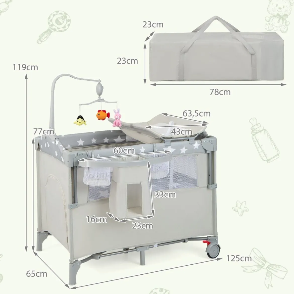 Baby-Begleitbett 5-in-1-Multifunktions-Babyspiele mit Matratze Beige