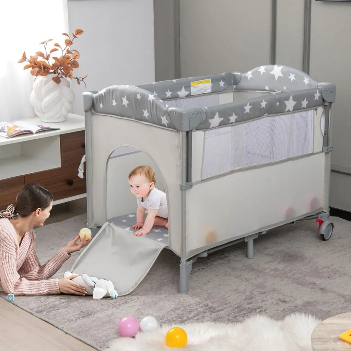 Baby-Begleitbett 5-in-1-Multifunktions-Babyspiele mit Matratze Beige