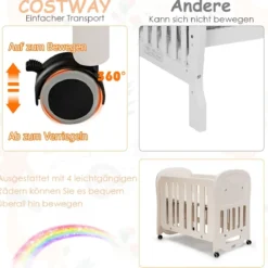 Babybett Babywiege mit Schaukelfunktion 2 Ebenen Reisebett auf Rollen bis 25kg Belastbar Beige
