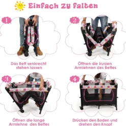 Babybett 4 in 1 Klappbares Reisebett & Beistellbett & Wickeltisch & Laufstall Schwarz+Rosa