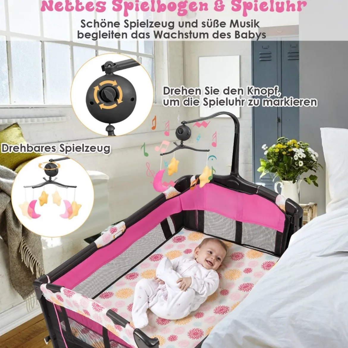 Babybett 4 in 1 Klappbares Reisebett & Beistellbett & Wickeltisch & Laufstall Schwarz+Rosa