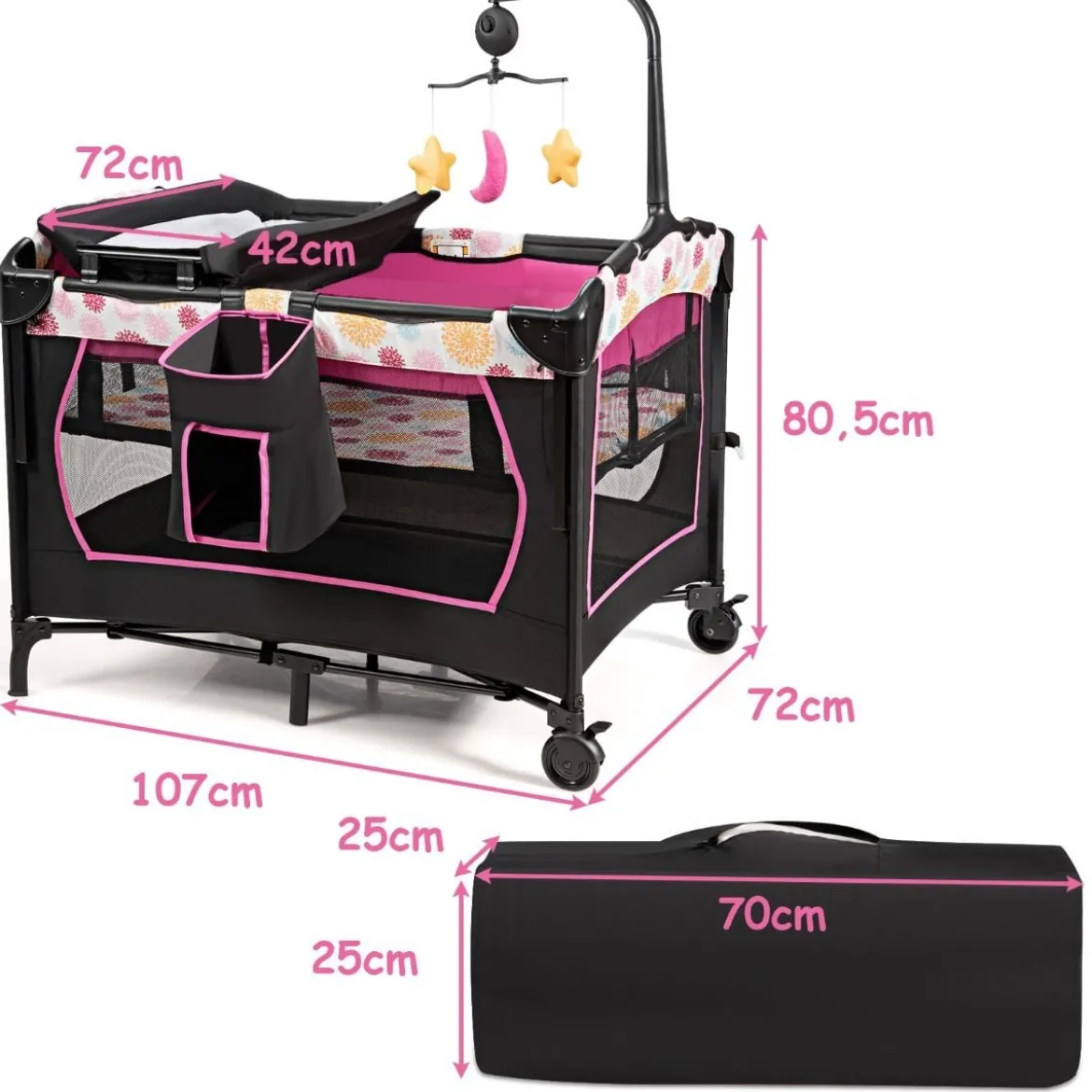 Babybett 4 in 1 Klappbares Reisebett & Beistellbett & Wickeltisch & Laufstall Schwarz+Rosa