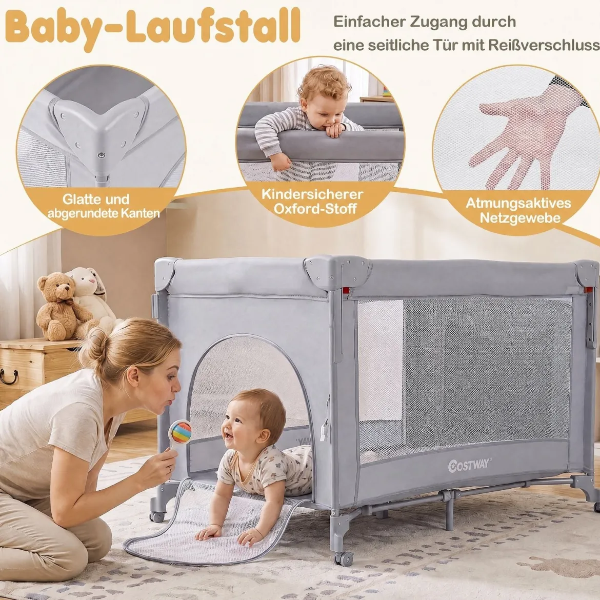 Babybett Klappbar auf Rollen mit Bremse Beistellbett mit Matratze & Abnehmbarem Wickeltisch Grau