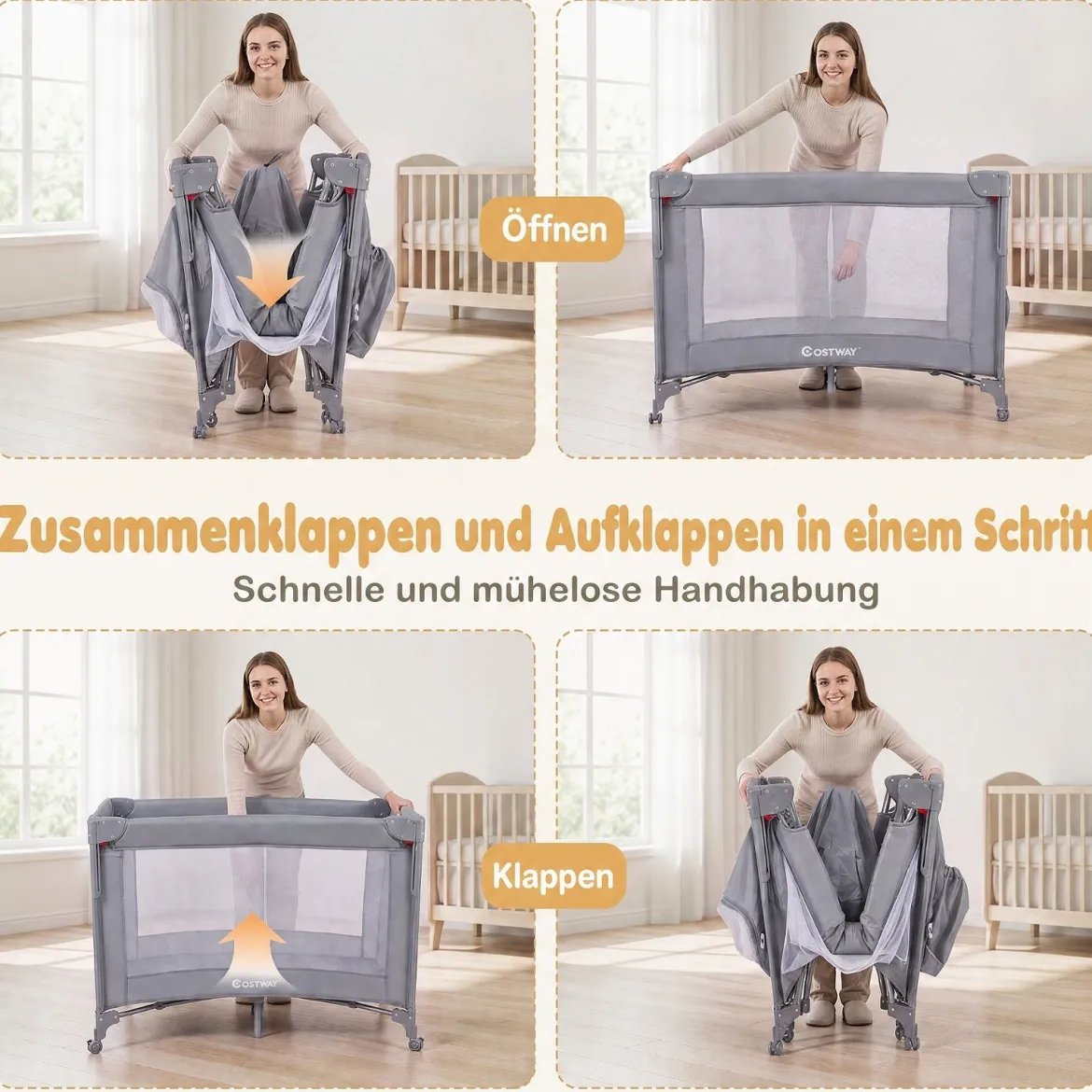 Babybett Klappbar auf Rollen mit Bremse Beistellbett mit Matratze & Abnehmbarem Wickeltisch Grau