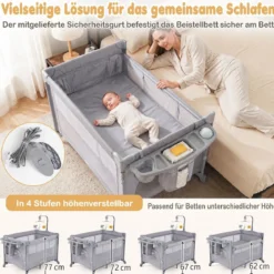 Babybett Klappbar auf Rollen mit Bremse Beistellbett mit Matratze & Abnehmbarem Wickeltisch Grau