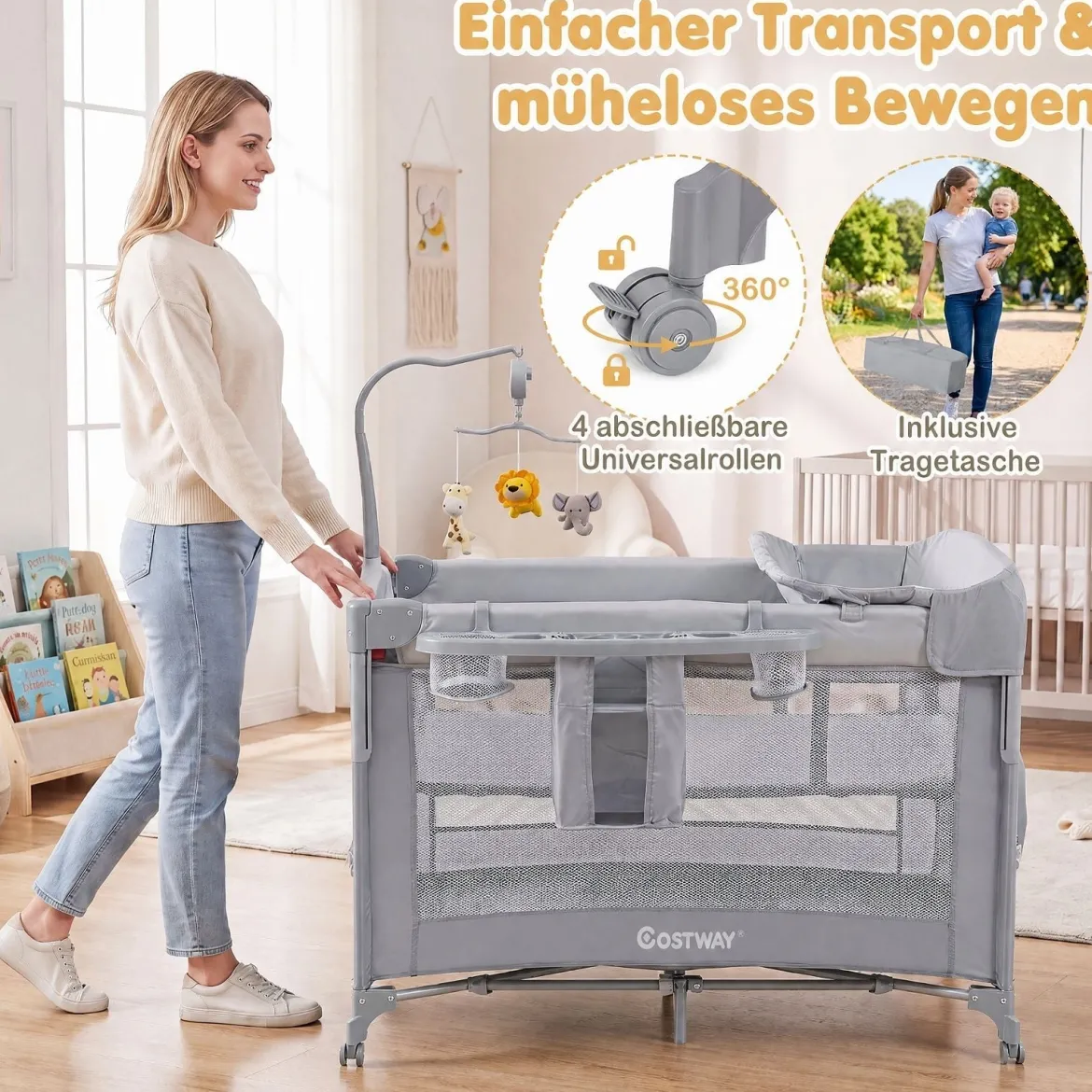 Babybett Klappbar auf Rollen mit Bremse Beistellbett mit Matratze & Abnehmbarem Wickeltisch Grau
