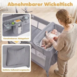 Babybett Klappbar auf Rollen mit Bremse Beistellbett mit Matratze & Abnehmbarem Wickeltisch Grau