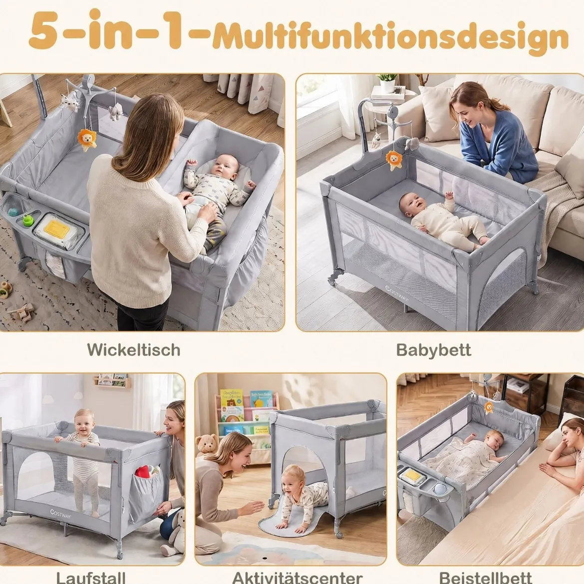 Babybett Klappbar auf Rollen mit Bremse Beistellbett mit Matratze & Abnehmbarem Wickeltisch Grau