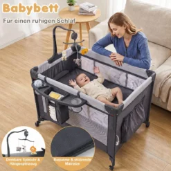 Babybett Klappbar auf Rollen mit Bremse Beistellbett mit Matratze & Abnehmbarem Wickeltisch Schwarz