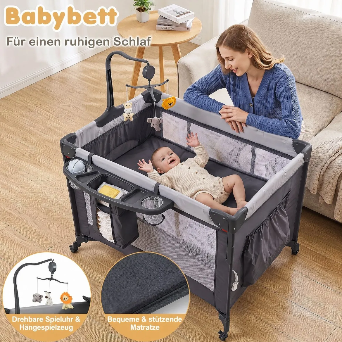 Babybett Klappbar auf Rollen mit Bremse Beistellbett mit Matratze & Abnehmbarem Wickeltisch Schwarz
