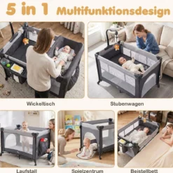 Babybett Klappbar auf Rollen mit Bremse Beistellbett mit Matratze & Abnehmbarem Wickeltisch Schwarz