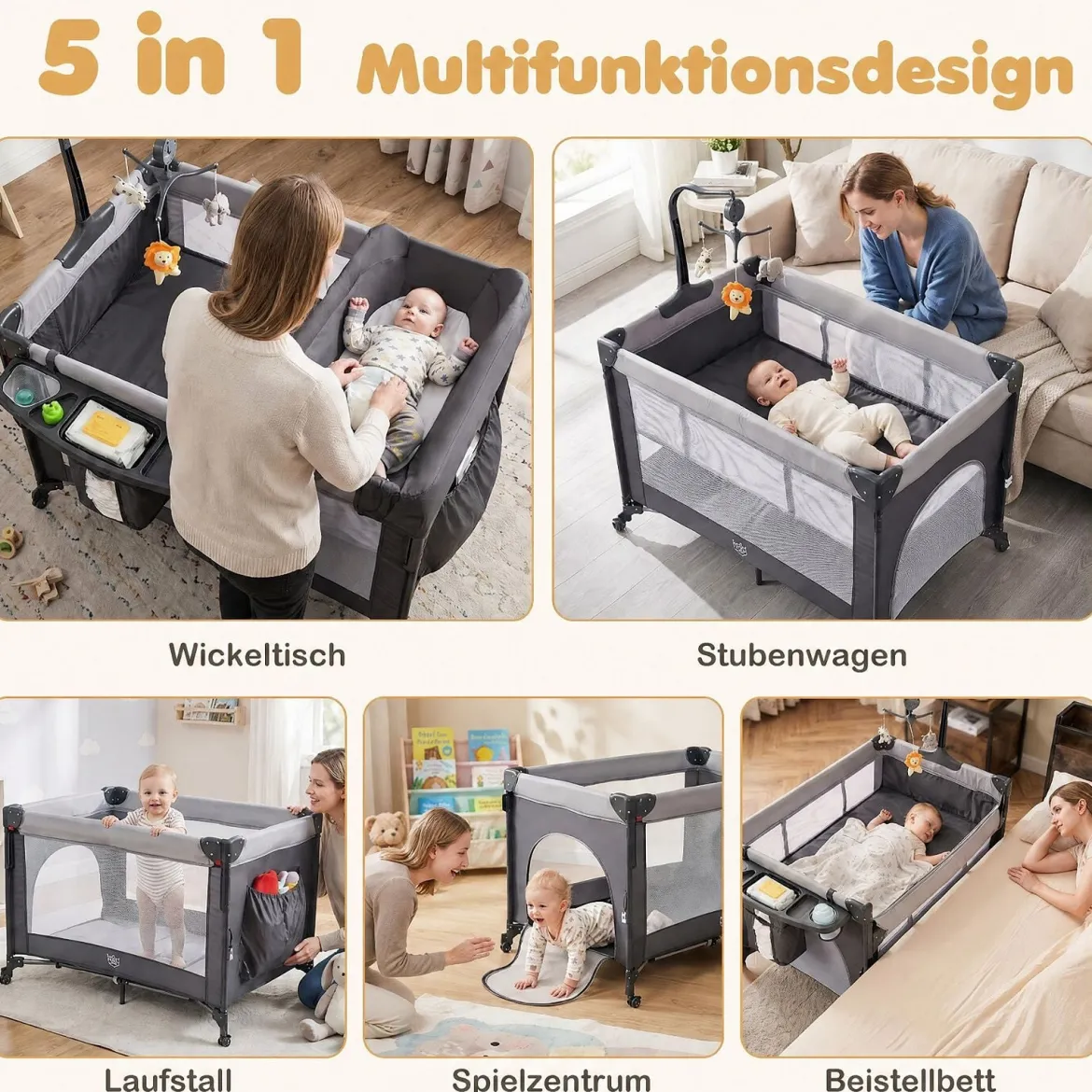 Babybett Klappbar auf Rollen mit Bremse Beistellbett mit Matratze & Abnehmbarem Wickeltisch Schwarz