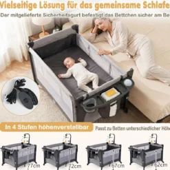 Babybett Klappbar auf Rollen mit Bremse Beistellbett mit Matratze & Abnehmbarem Wickeltisch Schwarz