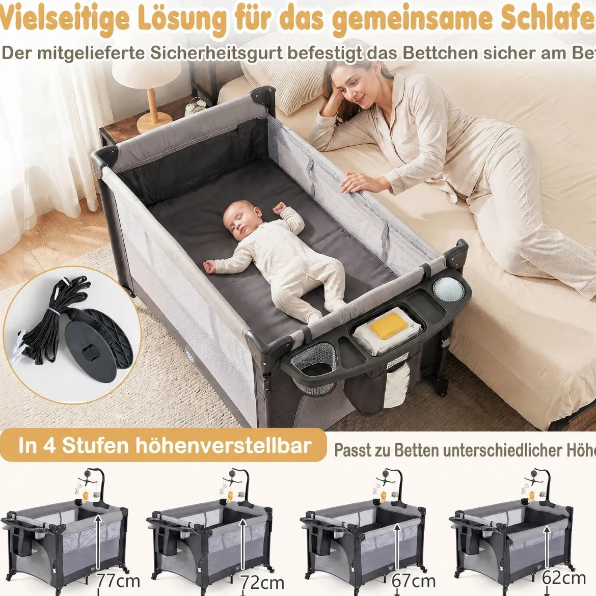 Babybett Klappbar auf Rollen mit Bremse Beistellbett mit Matratze & Abnehmbarem Wickeltisch Schwarz