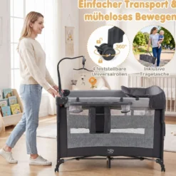 Babybett Klappbar auf Rollen mit Bremse Beistellbett mit Matratze & Abnehmbarem Wickeltisch Schwarz