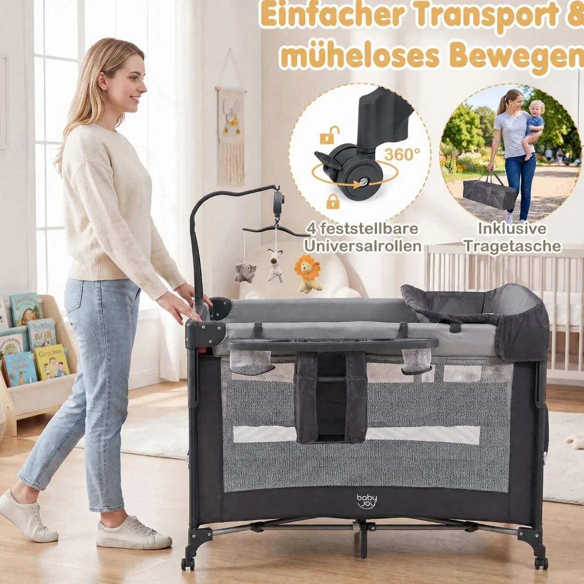 Babybett Klappbar auf Rollen mit Bremse Beistellbett mit Matratze & Abnehmbarem Wickeltisch Schwarz