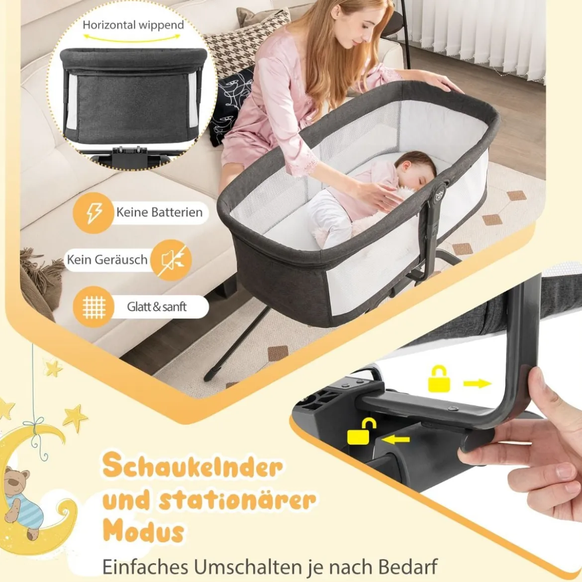 Babybett mit Matratze Manuelle Schaukelwiege für Babys 90 x 48 x 75 cm Grau + Weiß