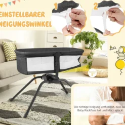 Babybett mit Matratze Manuelle Schaukelwiege für Babys 90 x 48 x 75 cm Grau + Weiß