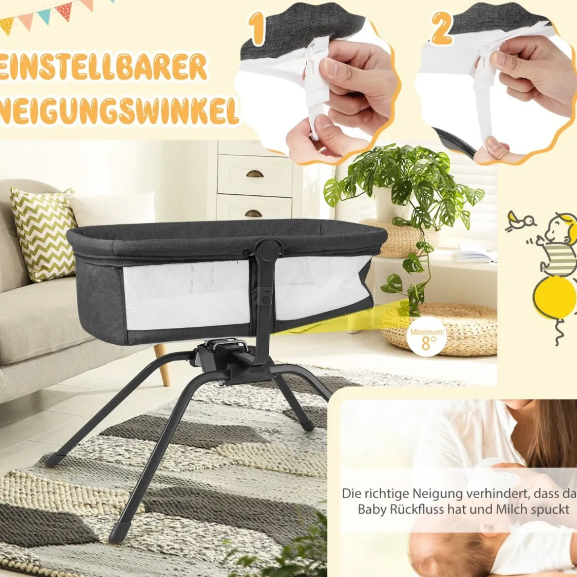 Babybett mit Matratze Manuelle Schaukelwiege für Babys 90 x 48 x 75 cm Grau + Weiß