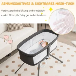 Babybett mit Matratze Manuelle Schaukelwiege für Babys 90 x 48 x 75 cm Grau + Weiß