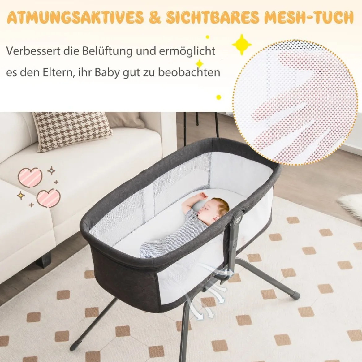 Babybett mit Matratze Manuelle Schaukelwiege für Babys 90 x 48 x 75 cm Grau + Weiß