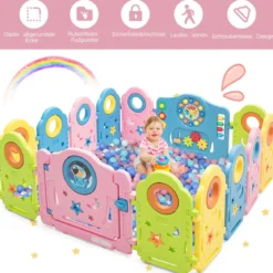 Babygitter Kinder 14 Paneele Sicherheitsgitter Tragbarer Laufstall Bunt