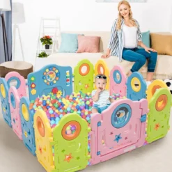 Babygitter Kinder 14 Paneele Sicherheitsgitter Tragbarer Laufstall Bunt