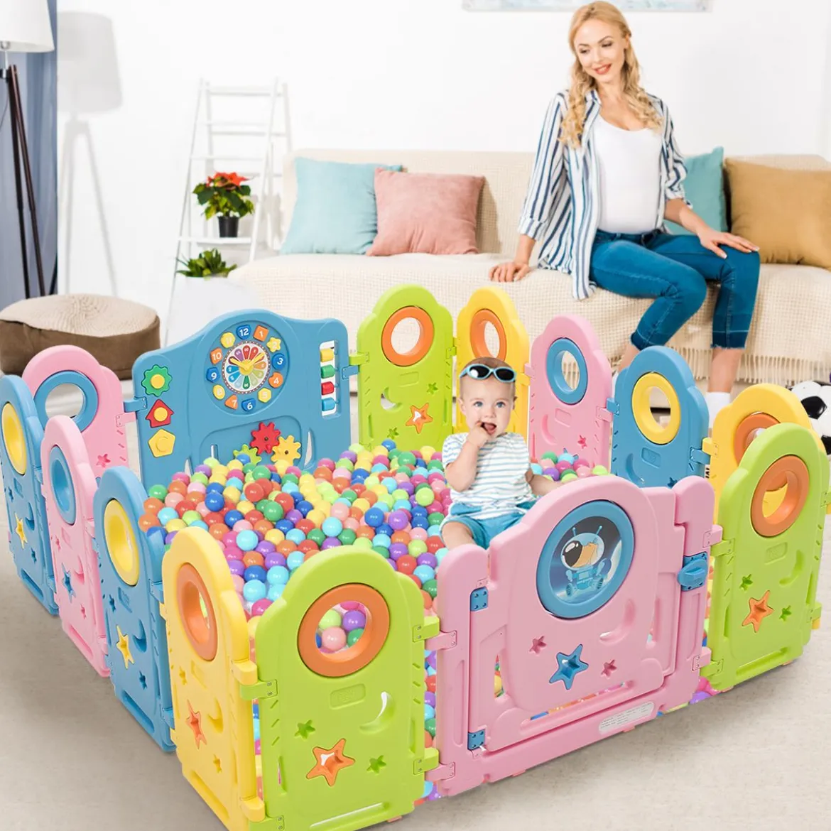 Babygitter Kinder 14 Paneele Sicherheitsgitter Tragbarer Laufstall Bunt