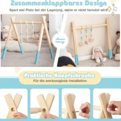 Baby Gym Babyspielgerät Spieltrapez Spielbogen Holzspielzeug Aktivitätszentrum mit 3 Kinderspielzeugen