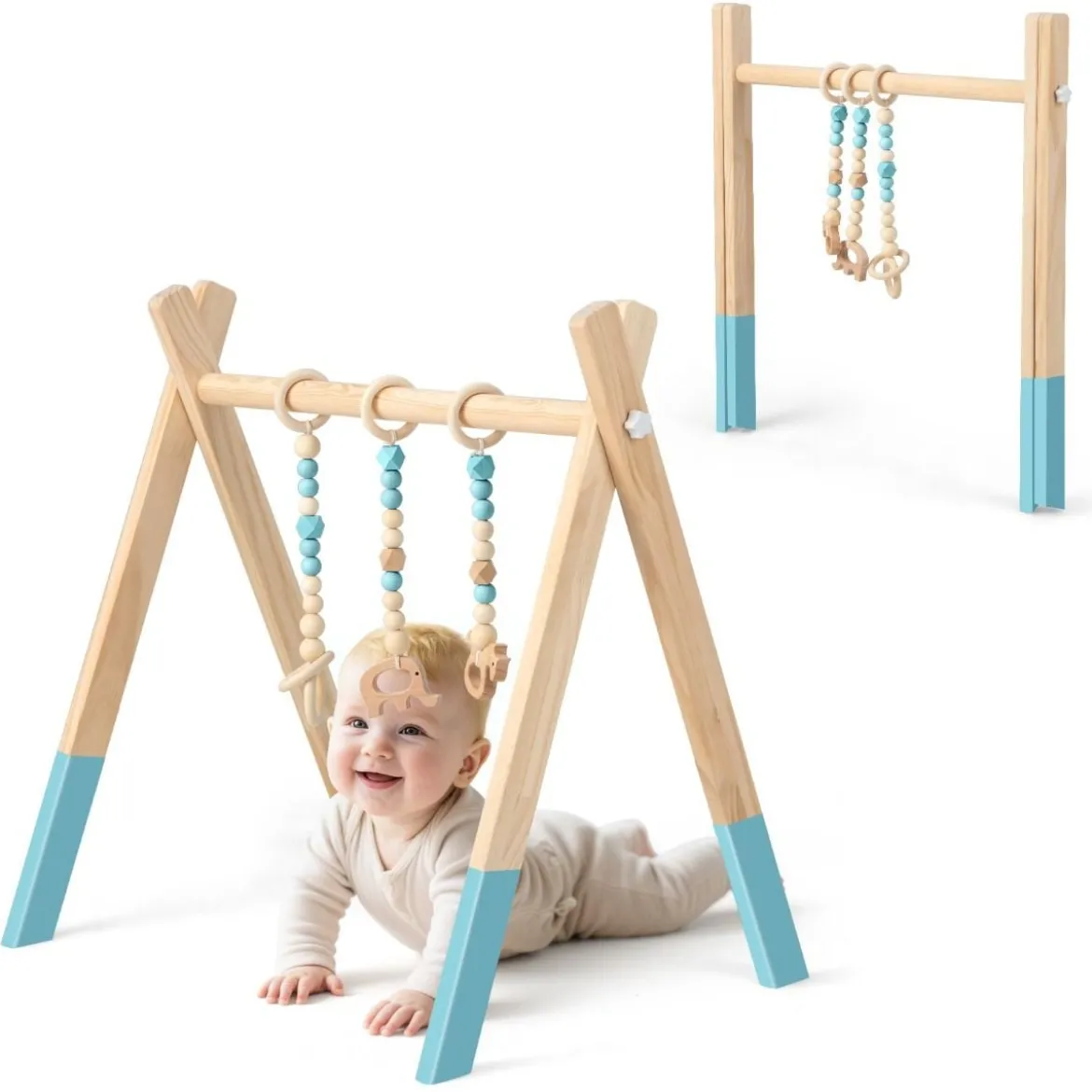 Baby Gym Babyspielgerät Spieltrapez Spielbogen Holzspielzeug Aktivitätszentrum mit 3 Kinderspielzeugen