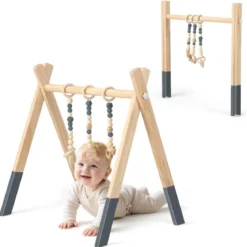 Baby Gym Babyspielgerät Spieltrapez Spielbogen Holzspielzeug Aktivitätszentrum mit 3 Kinderspielzeugen