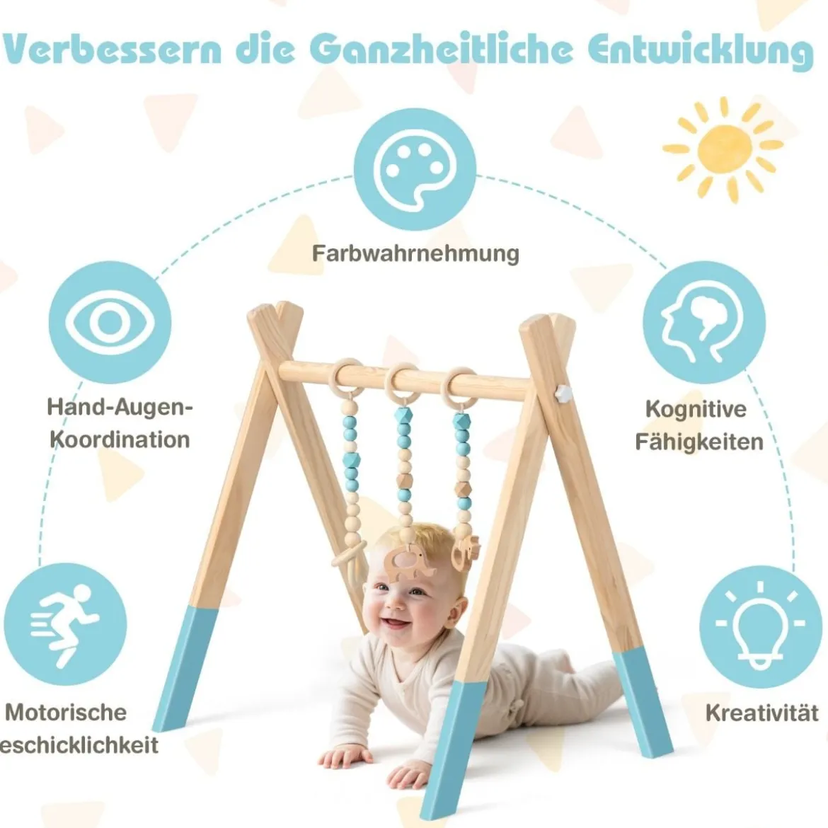 Baby Gym Babyspielgerät Spieltrapez Spielbogen Holzspielzeug Aktivitätszentrum mit 3 Kinderspielzeugen