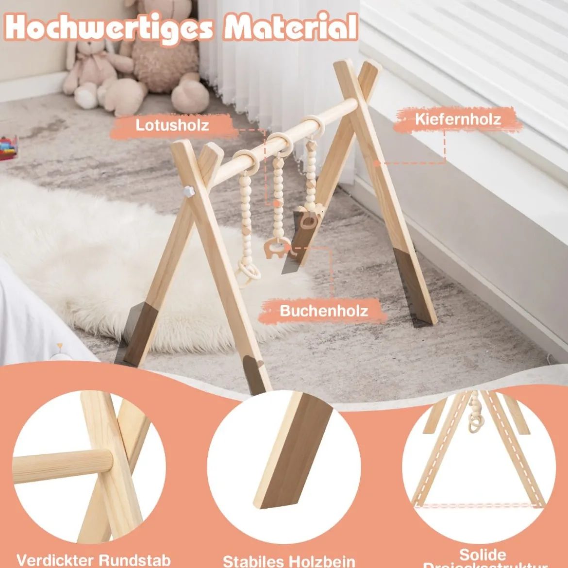 Baby Gym Babyspielgerät Spieltrapez Spielbogen Holzspielzeug Aktivitätszentrum mit 3 Kinderspielzeugen