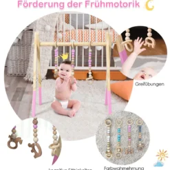Baby Gym Babyspielgerät Spieltrapez Spielbogen Holzspielzeug Aktivitätszentrum mit 3 Kinderspielzeugen