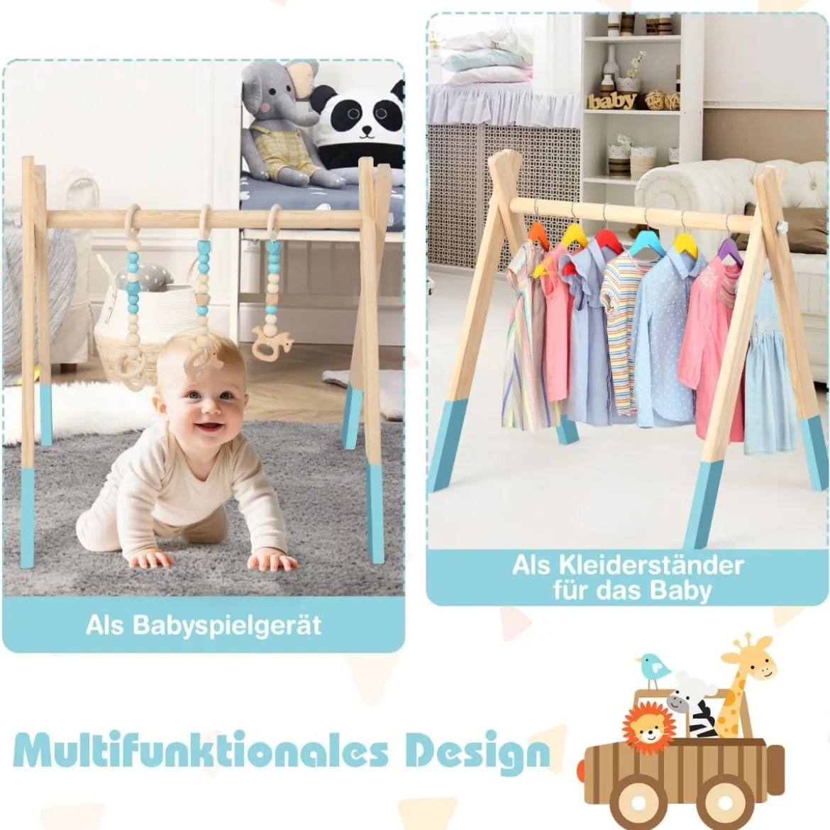 Baby Gym Babyspielgerät Spieltrapez Spielbogen Holzspielzeug Aktivitätszentrum mit 3 Kinderspielzeugen