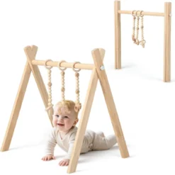 Baby Gym Babyspielgerät Spieltrapez Spielbogen Holzspielzeug Aktivitätszentrum mit 3 Kinderspielzeugen