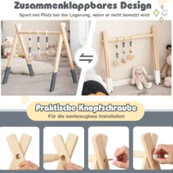 Baby Gym Babyspielgerät Spieltrapez Spielbogen Holzspielzeug Aktivitätszentrum mit 3 Kinderspielzeugen