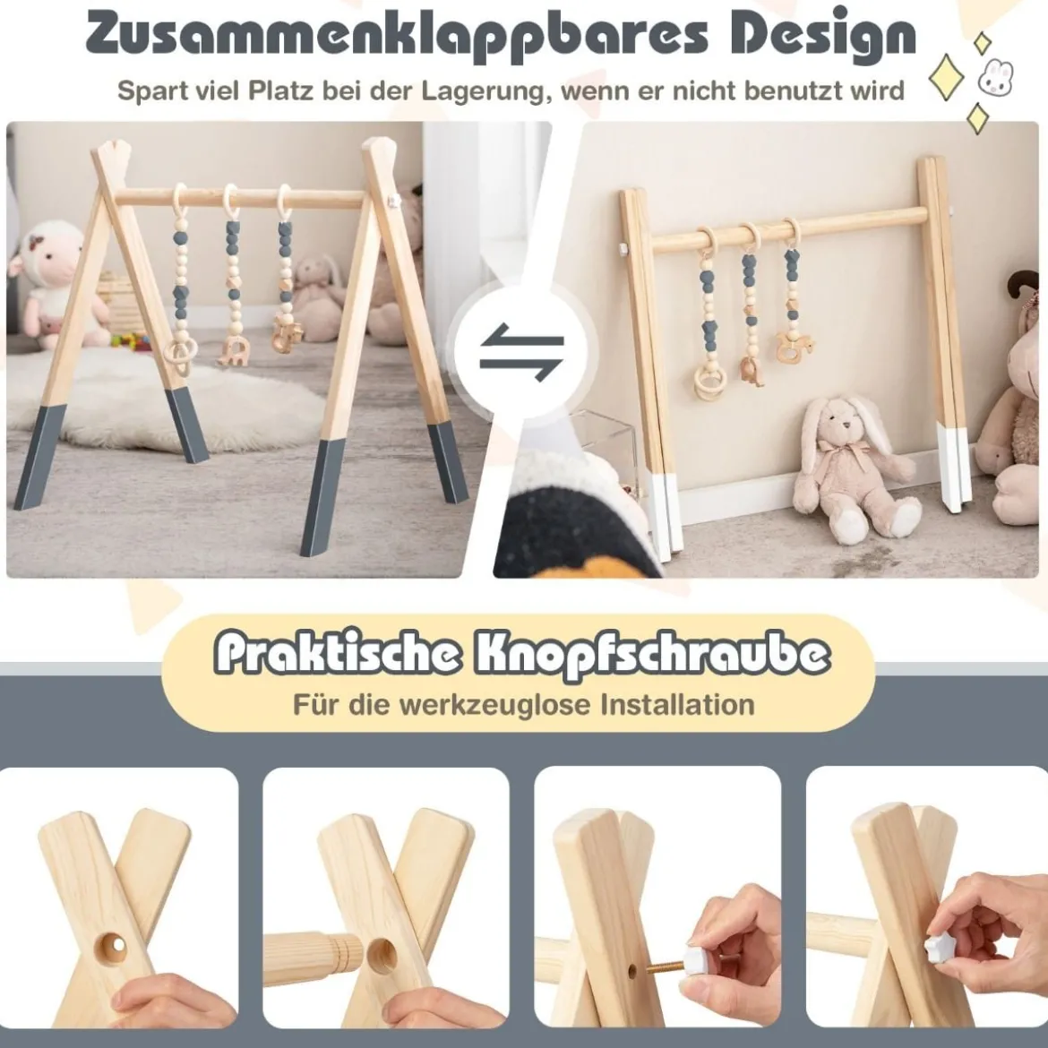Baby Gym Babyspielgerät Spieltrapez Spielbogen Holzspielzeug Aktivitätszentrum mit 3 Kinderspielzeugen