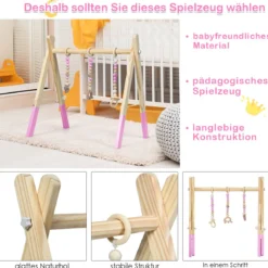 Baby Gym Babyspielgerät Spieltrapez Spielbogen Holzspielzeug Aktivitätszentrum mit 3 Kinderspielzeugen