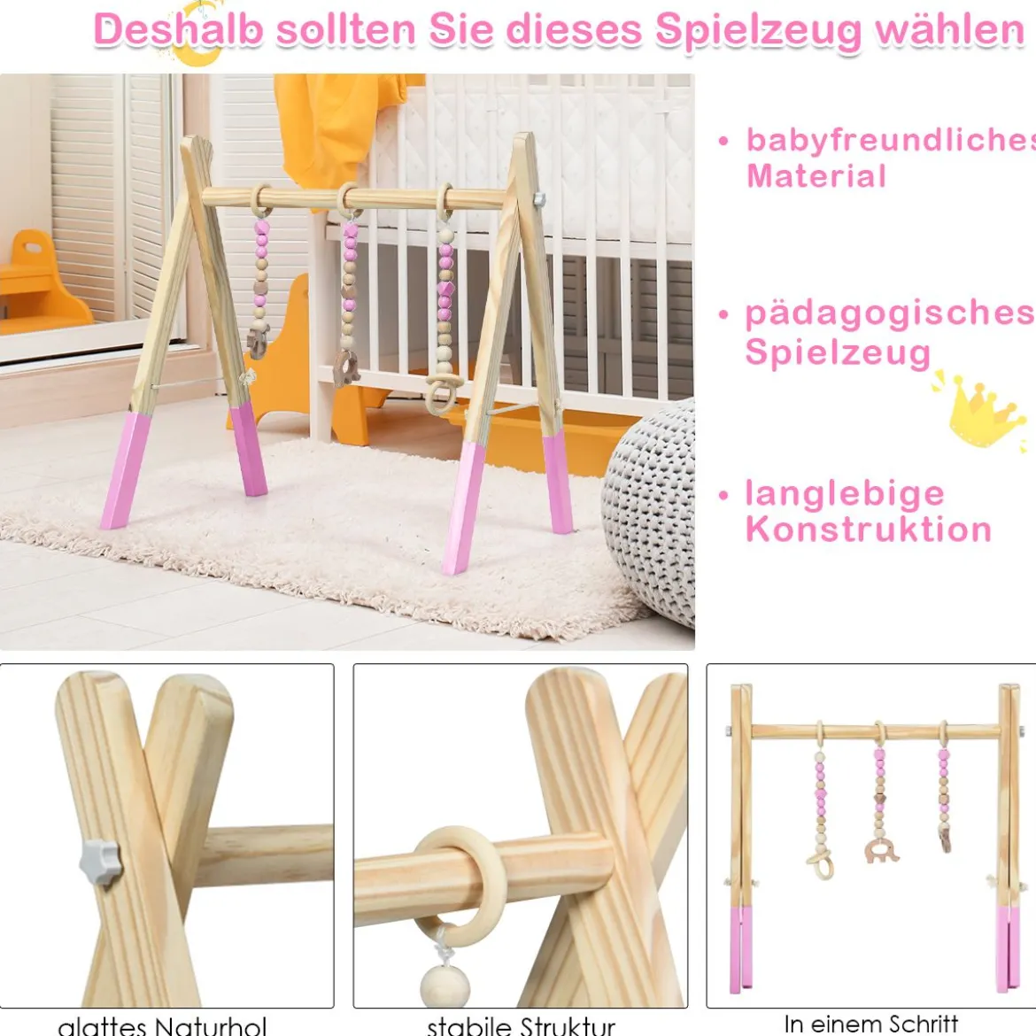 Baby Gym Babyspielgerät Spieltrapez Spielbogen Holzspielzeug Aktivitätszentrum mit 3 Kinderspielzeugen