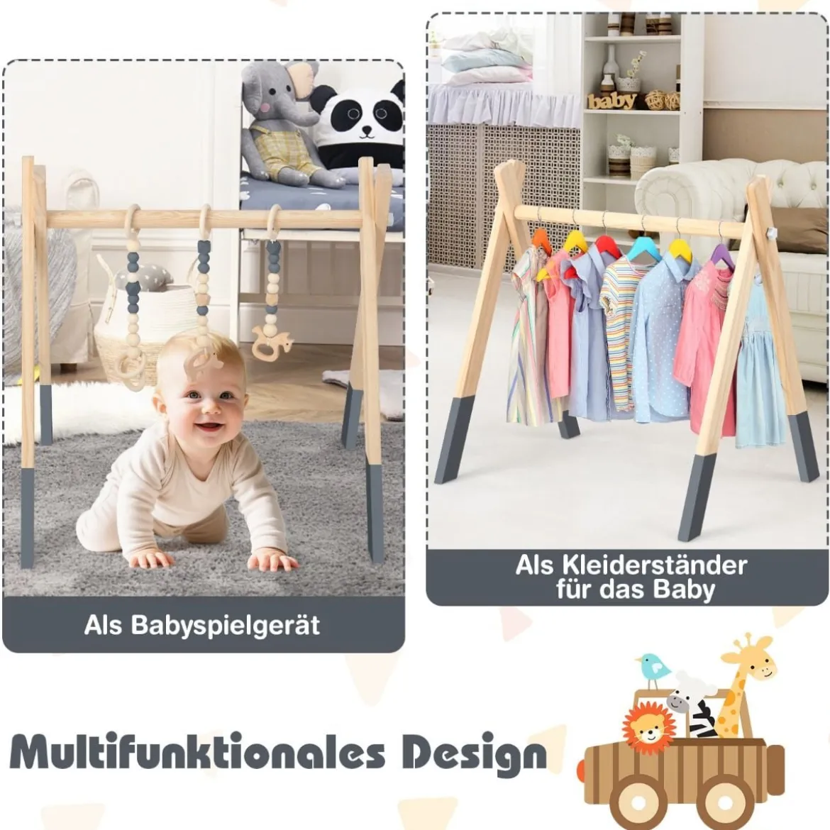 Baby Gym Babyspielgerät Spieltrapez Spielbogen Holzspielzeug Aktivitätszentrum mit 3 Kinderspielzeugen
