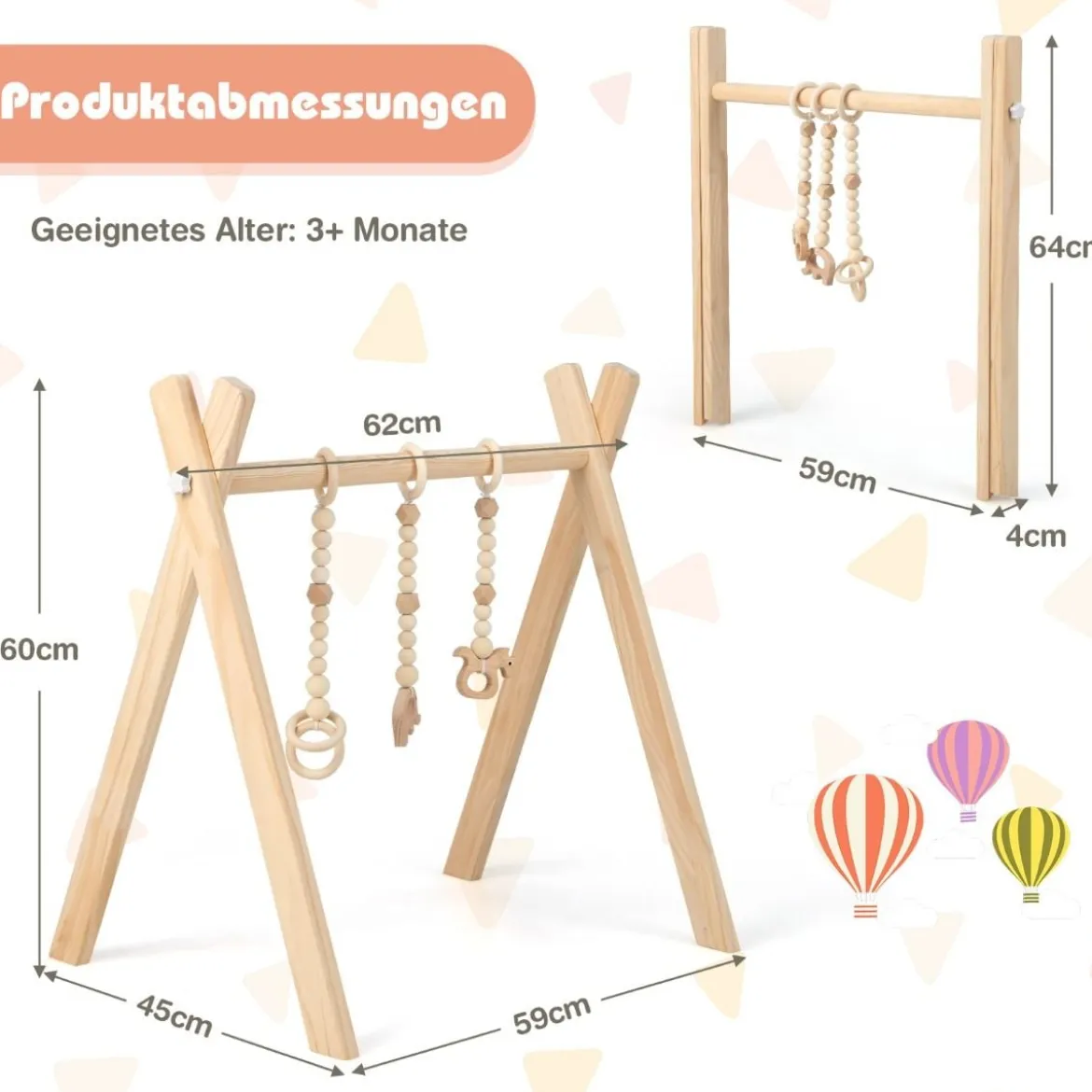 Baby Gym Babyspielgerät Spieltrapez Spielbogen Holzspielzeug Aktivitätszentrum mit 3 Kinderspielzeugen