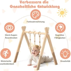 Baby Gym Babyspielgerät Spieltrapez Spielbogen Holzspielzeug Aktivitätszentrum mit 3 Kinderspielzeugen